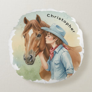Blauwe Cowboy die een Paard Kust Verjaardagsfeest Rond Kussen
