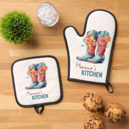 Blauwe Cowboy laarzen & bloemen Ovenwant & Pannenlap Set