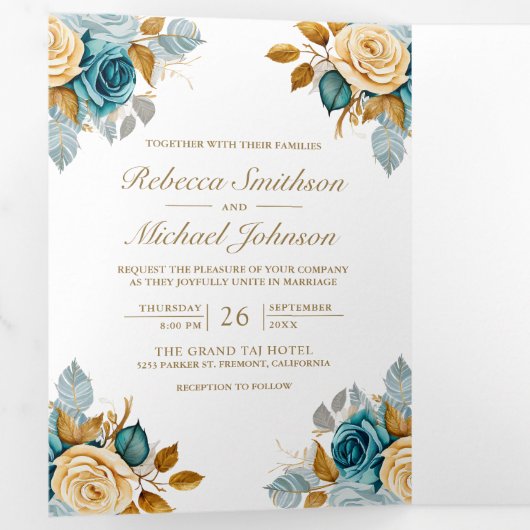 Blauwe Cream Bloemen Goud QR Code Foto Bruiloft Drieluik Uitnodiging (Binnenzijde eerst)