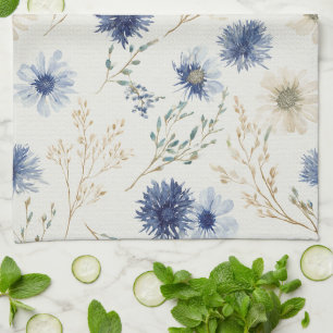 Blauwe Crème Bloemen Theedoek