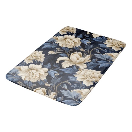 Blauwe Crème Floral Modern Badmat (Gekanteld)