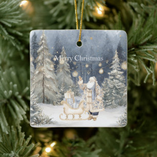 Blauwe Crème Kerstman Sneeuw Kerstbomen Keramisch Ornament