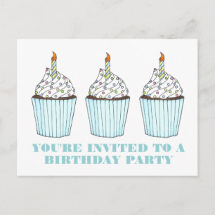 Blauwe Cupcake Kaars Verjaardagsfeest Uitnodiging Briefkaart
