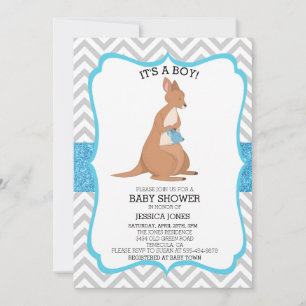 Blauwe Cute Kangeroe Glitter Chevron Baby Shower Kaart