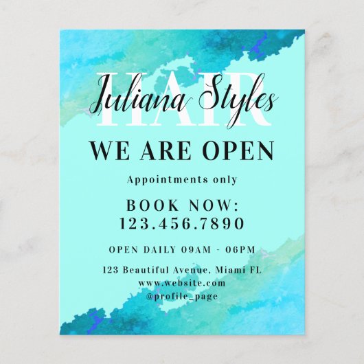Blauwe cyaan marmeren haarstylist flyer (Voorkant)