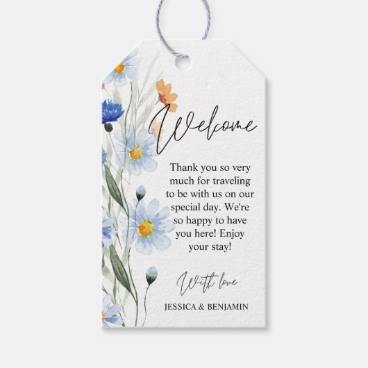 Blauwe Daisies Bloemen Bruiloft Welkom Cadeaulabel (Voorkant)