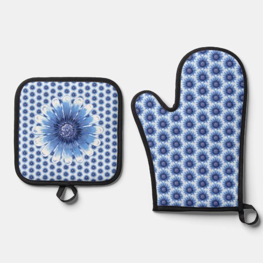 Blauwe Daisy Oven Mitt en Pot Houders Ovenwant & Pannenlap Set (Voorkant)
