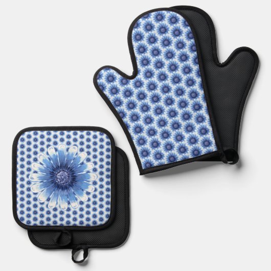 Blauwe Daisy Oven Mitt en Pot Houders Ovenwant & Pannenlap Set (Voorkant / Achterkant)