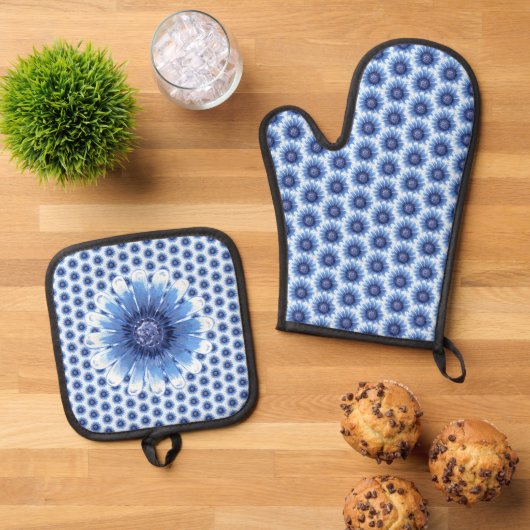 Blauwe Daisy Oven Mitt en Pot Houders Ovenwant & Pannenlap Set (Top down)