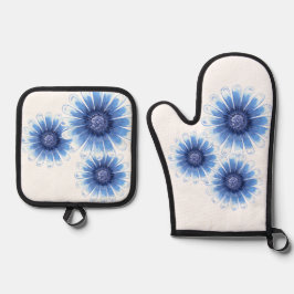 Blauwe Daisy Pot Holder Ovenwant & Pannenlap Set