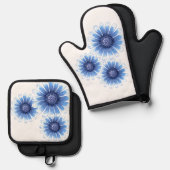 Blauwe Daisy Pot Holder Ovenwant & Pannenlap Set (Voorkant / Achterkant)