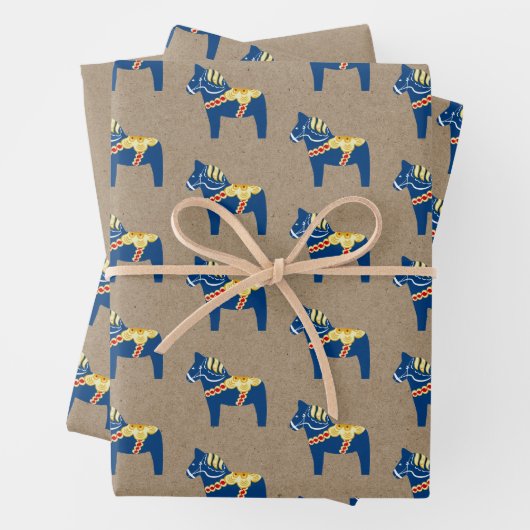 Blauwe Dala Horse Wrapping Paper Flat Sheet Set va (In situ)