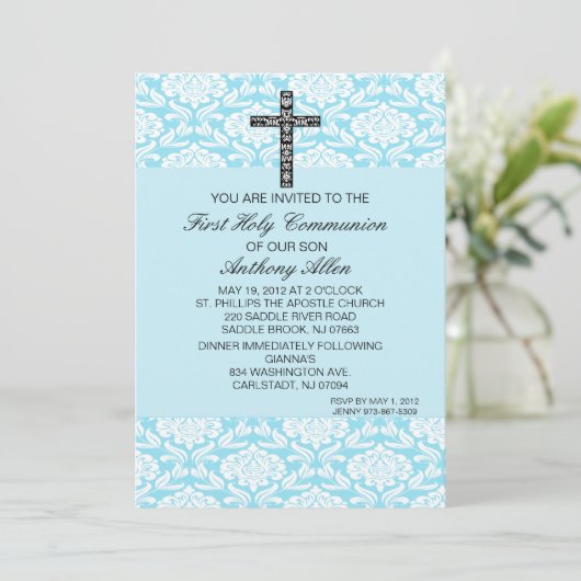 Blauwe Damask Boys Communityuitnodiging Kaart (Staand voorkant)