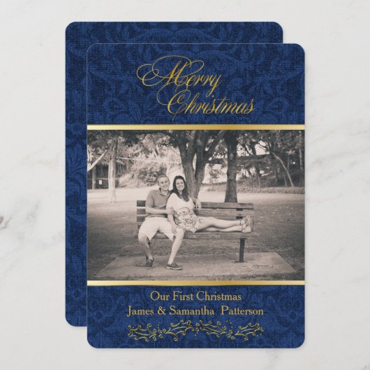 Blauwe Damask Kerstkaart (Voorkant / Achterkant)