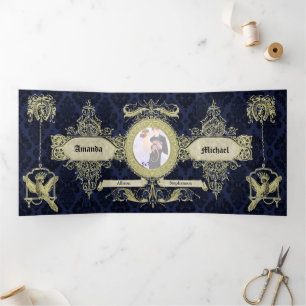 Blauwe Damask Vintage Wedding Drieluik Uitnodiging