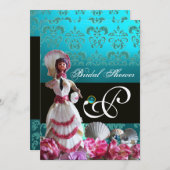 BLAUWE DAMASKBEDING - VRIJGEZELLENFEEST MONOGRAM KAART (Voorkant / Achterkant)