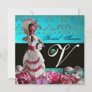 BLAUWE DAMASKBEDING - VRIJGEZELLENFEEST MONOGRAM KAART