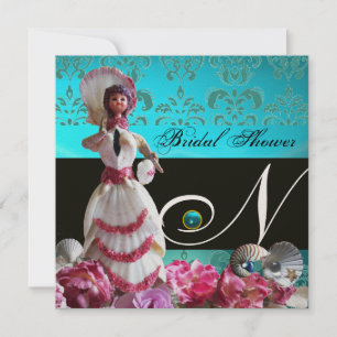 BLAUWE DAMASKBEDING - VRIJGEZELLENFEEST MONOGRAM KAART