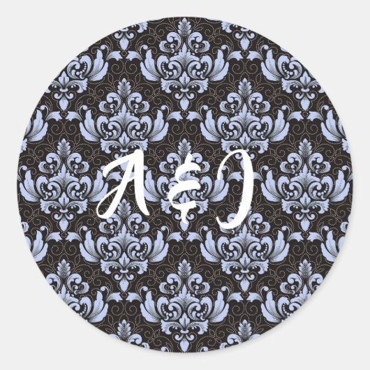 Blauwe Damaslabels met Initialen Ronde Sticker (Voorkant)