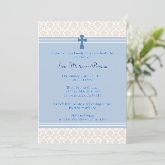 Blauwe Damast Doop/Doopuitnodiging Kaart (Staand voorkant)