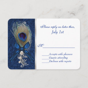 Blauwe Damast en Peacock Veer Bruiloft RSVP Kaartje