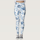 Blauwe Dame Modern  Botanische Floral Toile Leggings (Voorkant)