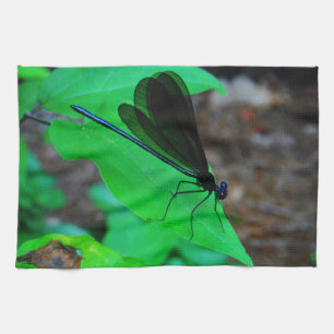 Blauwe Damselfly op een groen blad. Theedoek