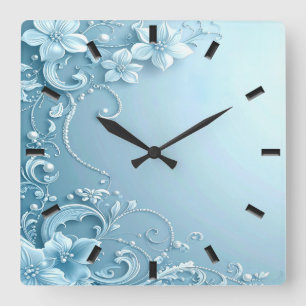 Blauwe decoratieve bloemenkleuromo clock vierkante klok
