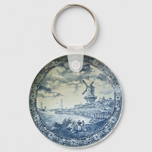 Blauwe Delftse Windmolen Nederlands Bord Sleutelhanger (Voorkant)
