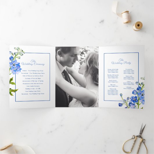 Blauwe delphinium bloemen waterverf bruiloft Tri-F Drieluik Programma (Binnen)