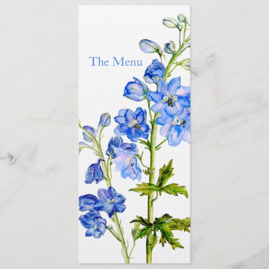 Blauwe delphinium kunst bruiloft diner menu (Voorkant)