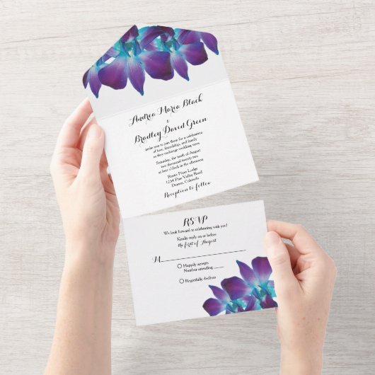 Blauwe Dendrobium Orchidee Bruiloft RSVP All In One Uitnodiging (Afscheurbaar)