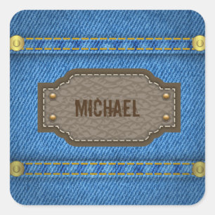 Blauwe denim jeans met label met lederen naam