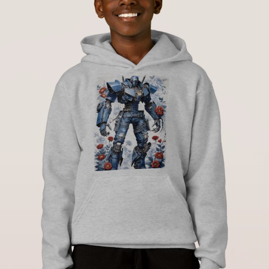 Blauwe Denim Mech Robot met rode rozen (Voorkant)