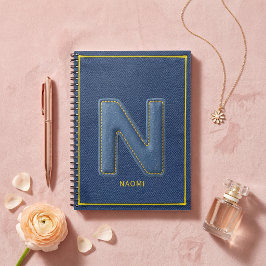 Blauwe denim textuur gele steek monogram N Notitieboek