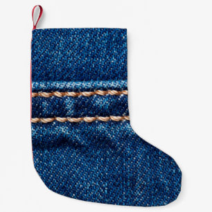 Blauwe denim textuur met naaisteek, jans kleine kerstsok