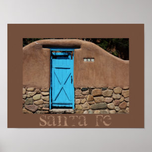 Blauwe deur Adobe Santa Fe New Mexico Poster