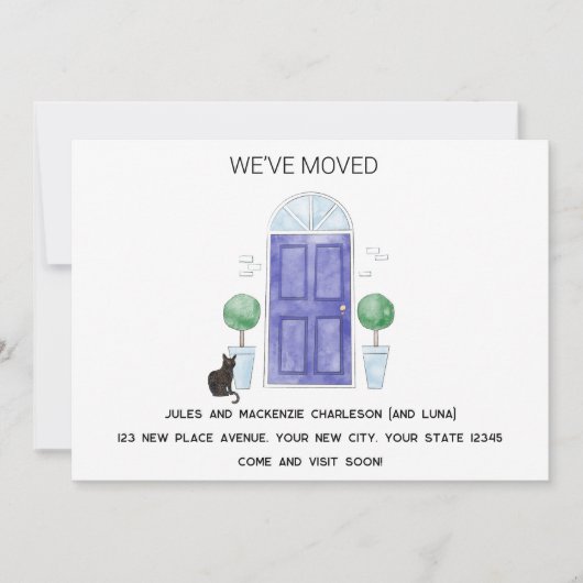 Blauwe Deur en Kat We hebben Verhuisd Nieuw Huis Aankondiging (Voorkant)