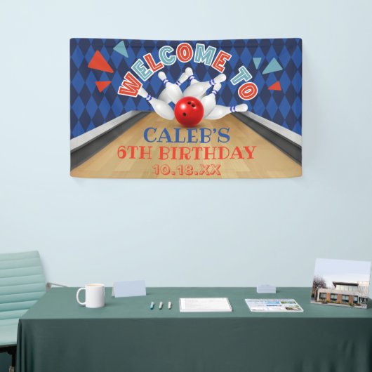 Blauwe Diamant Streep Laten we Bowling Verjaardag Spandoek (Beurs)