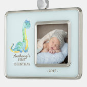 Blauwe Dinosaurus Baby's 1e Kerstmis Foto Ornament (Links)