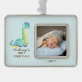 Blauwe Dinosaurus Baby's 1e Kerstmis Foto Ornament (Voorkant)