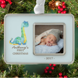 Blauwe Dinosaurus Baby's 1e Kerstmis Foto Ornament