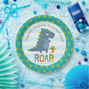 Blauwe Dinosaurus Jongen Preschool Afstudeerfeest Papieren Bordje