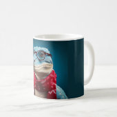 Blauwe dinosaurus met een kerstsjaal koffiemok (Voorkant rechts)