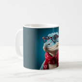 Blauwe dinosaurus met een kerstsjaal koffiemok (Voorkant links)