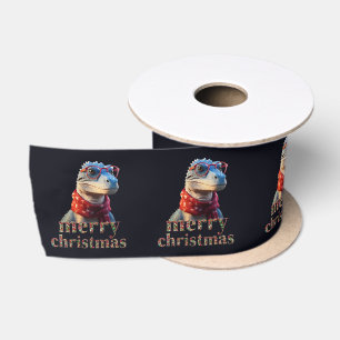 Blauwe dinosaurus met een kerstsjaal lint