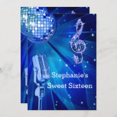Blauwe Disco Bal en Retro Microfoon Sweet 16 Kaart (Voorkant / Achterkant)
