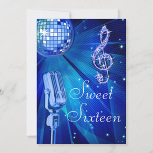 Blauwe Disco Bal en Retro Microfoon Sweet 16 Kaart