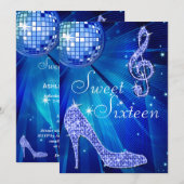 Blauwe Disco Bal en Sparkle Heels Sweet 16 Kaart (Voorkant / Achterkant)