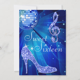Blauwe Disco Bal en Sparkle Heels Sweet 16 Kaart